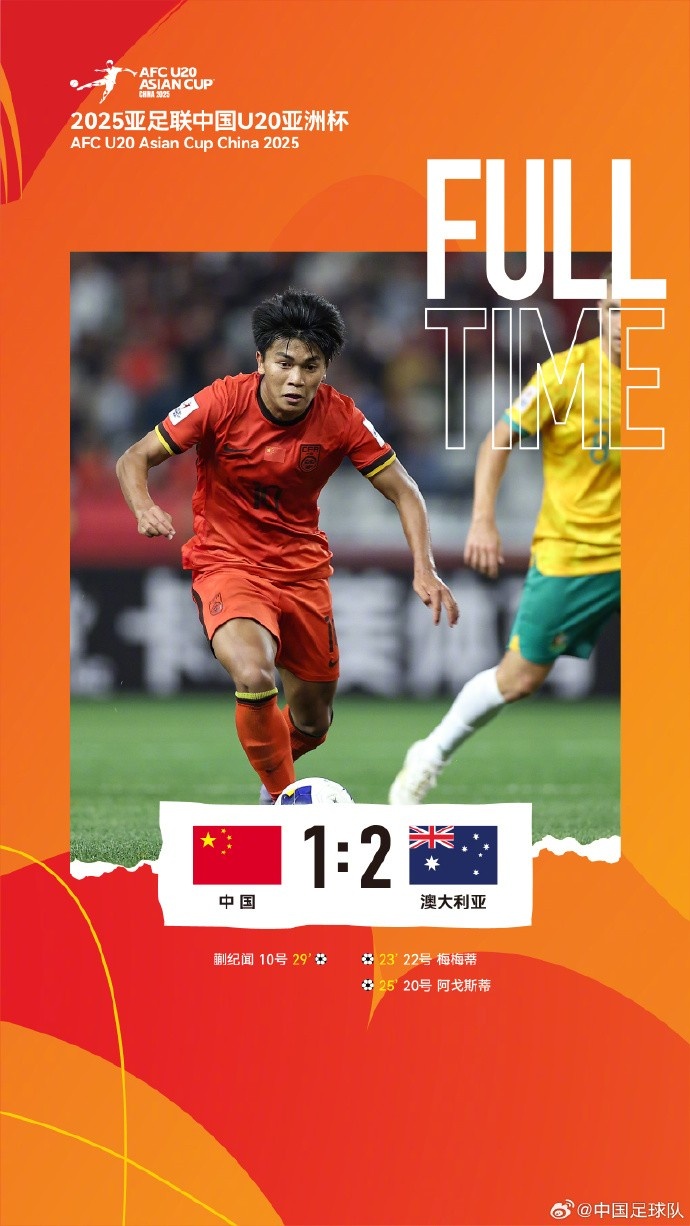 U20亞洲杯小組賽A組第三輪，中國(guó)隊(duì)1比2負(fù)于澳大利亞隊(duì)